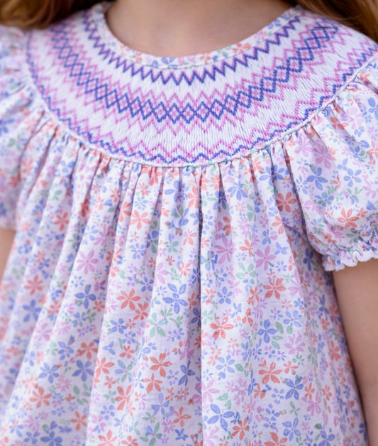 Amelia Smock Bishop Dress, Lavender Garden