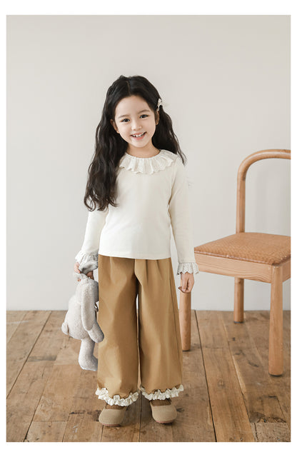 Girls Pleated Lace Hem Tapered Trousers, Camel