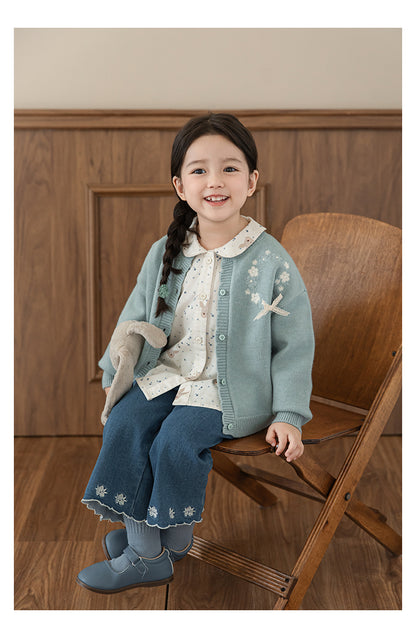 Girls Bunny Floral Button-Down Blouse, Ivory