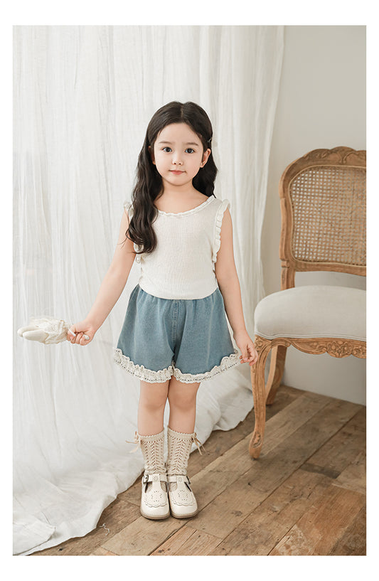 Girls Denim Shorts with Lace Trim, Light Blue
