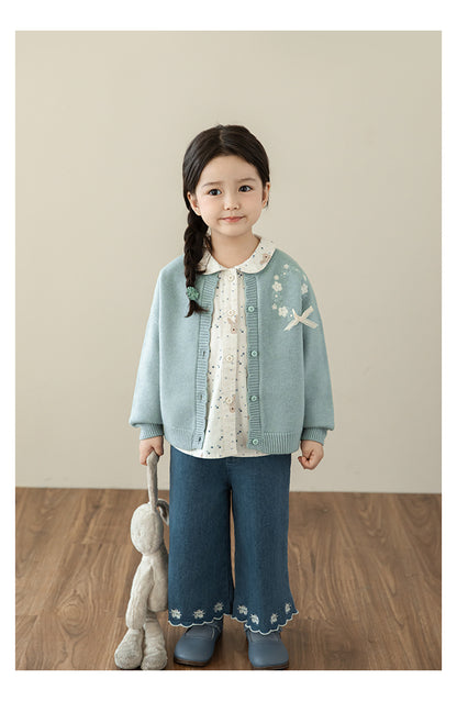 Girls Bunny Floral Button-Down Blouse, Ivory
