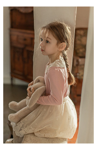 Girls Lace Collar Ribbed Button-Front Blouse, Blush Pink