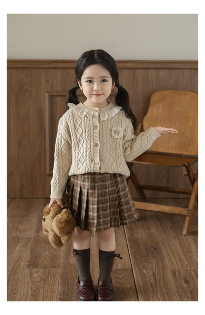 Baby Girl Bear Patch Lace Detail Cardigan, Oat