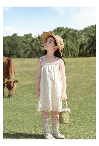 Girls Floral Embroidered Broderie Strap Dress, Ivory