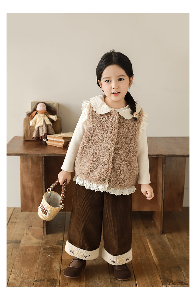 Girls Lace Trim Faux Shearling Teddy Vest, Latte
