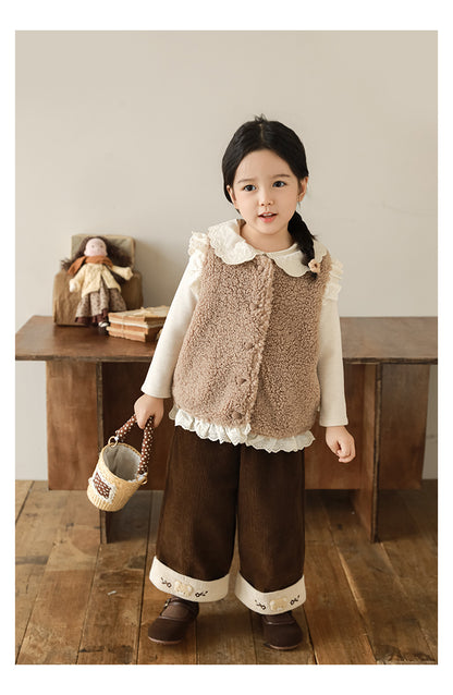 Girls Lace Trim Faux Shearling Teddy Vest, Latte