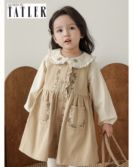 Girls Floral Embroidered Button-Front Dress, Beige