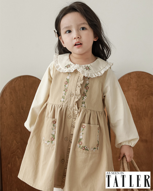 Girls Floral Embroidered Button-Front Dress, Beige