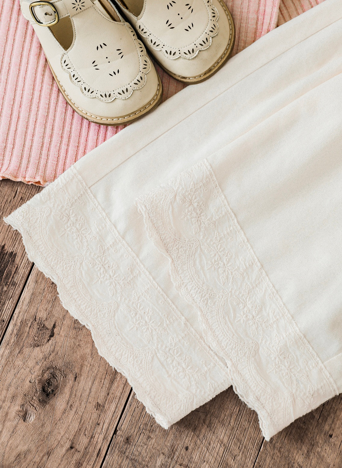 Girls Lace Embroidered Pleated Trousers, Ivory