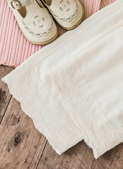 Girls Lace Embroidered Pleated Trousers, Ivory