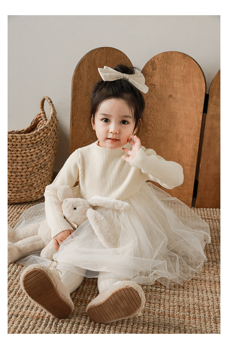 Girls Ribbed Cotton Chiffon Tulle Dress, Cream