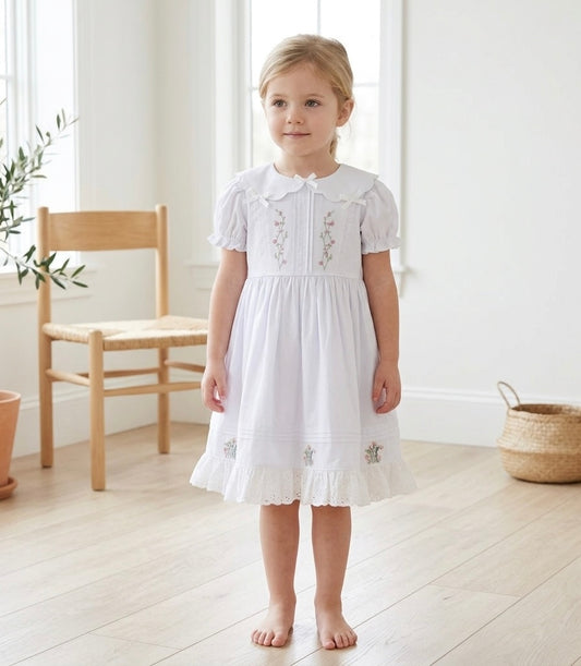 Iris Floral Embroidered Dress, Ivory