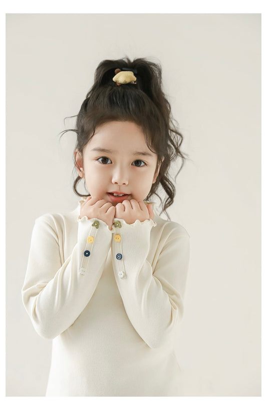 Girls Button Detailed Frill Trimmed Top, Ivory