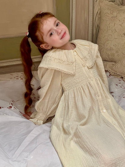 Girls Lace Collar Smocked Muslin Dress, Ivory