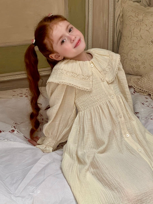 Girls Lace Collar Smocked Muslin Dress, Ivory