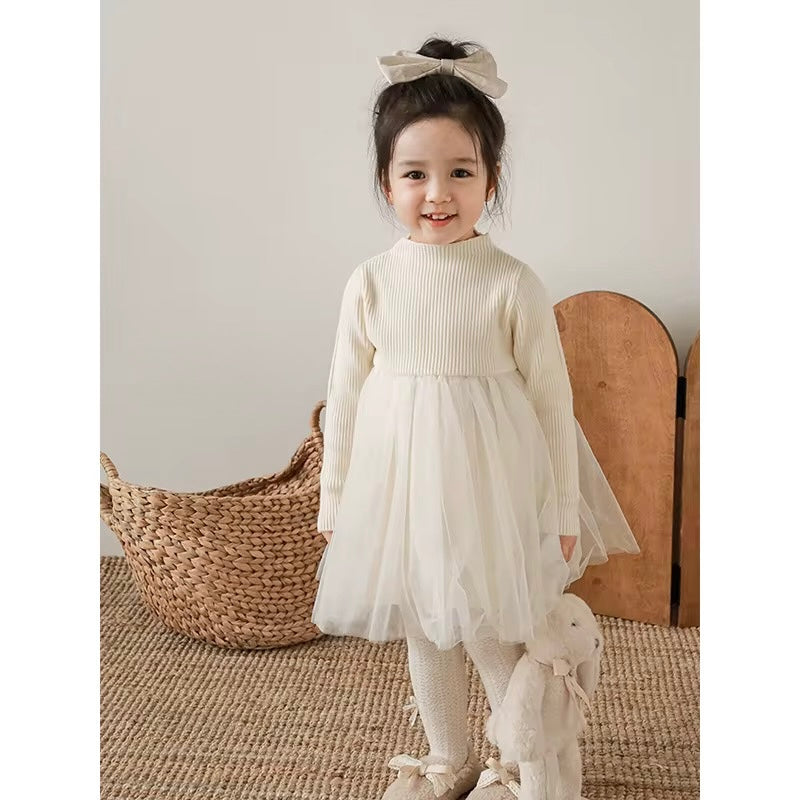 Girls Ribbed Cotton Chiffon Tulle Dress, Cream