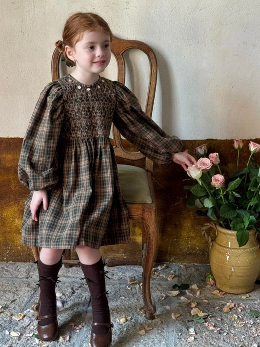 Girls Smocked Dress with Flower Crochet, Olive & Beige