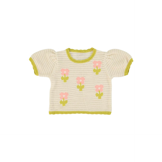 Girls Crochet Knit Summer Top, Cream & Olive