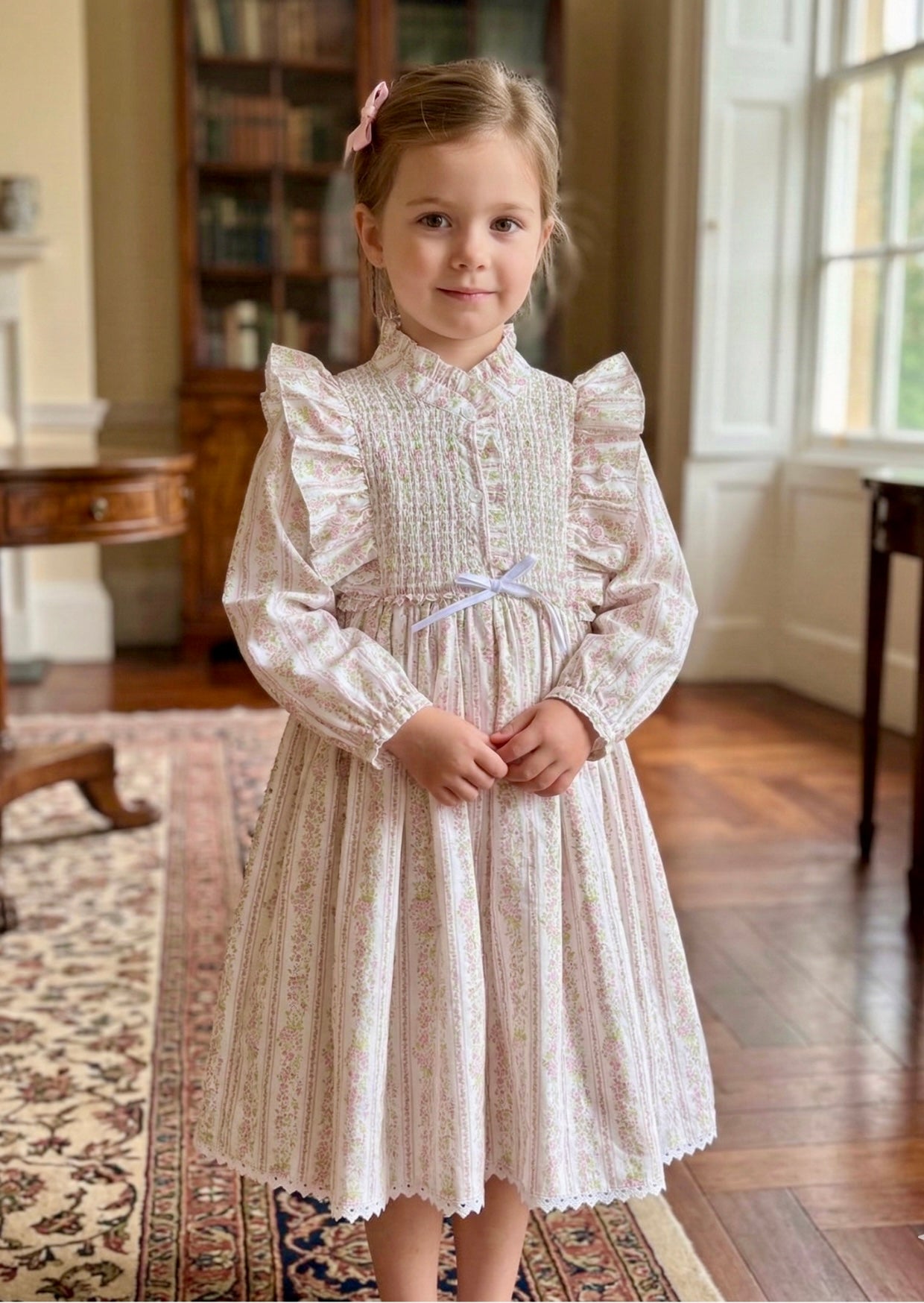Rosalie Hand-Smocked Dress, Blush Floral Stripe