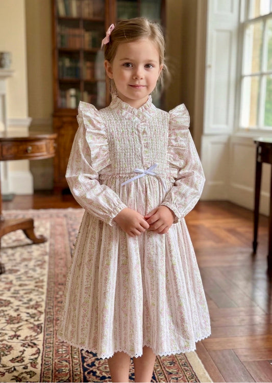 Rosalie Ruffled Smock Dress, Blush Floral Stripe