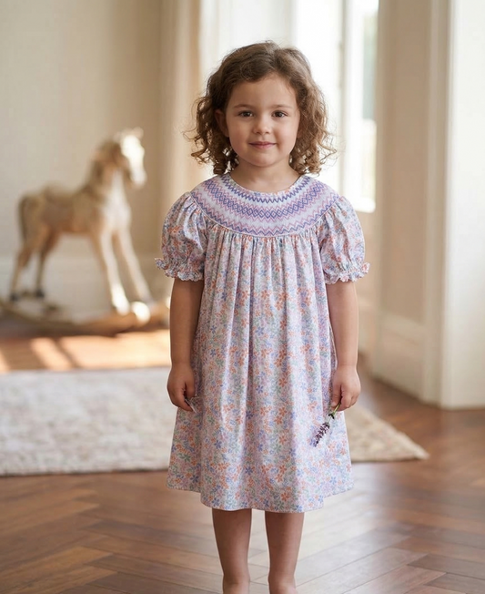 Amelia Smock Bishop Dress, Lavender Garden