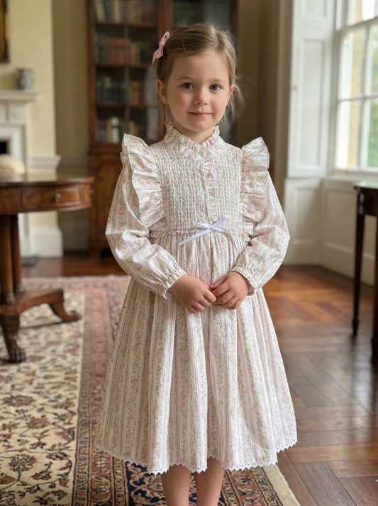 Rosalie Ruffled Smock Dress, Pink Floral Stripe