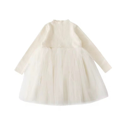 Girls Ribbed Cotton Chiffon Tulle Dress, Cream