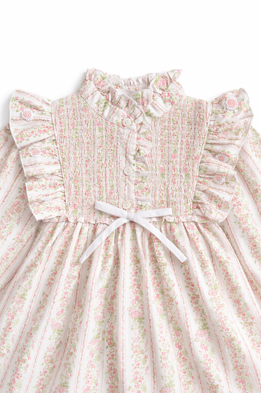Rosalie Ruffled Smock Dress, Blush Floral Stripe