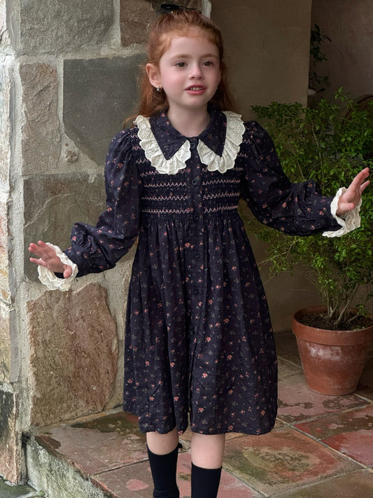 Girls Smocked Lace Detailed Dress, Navy Floral