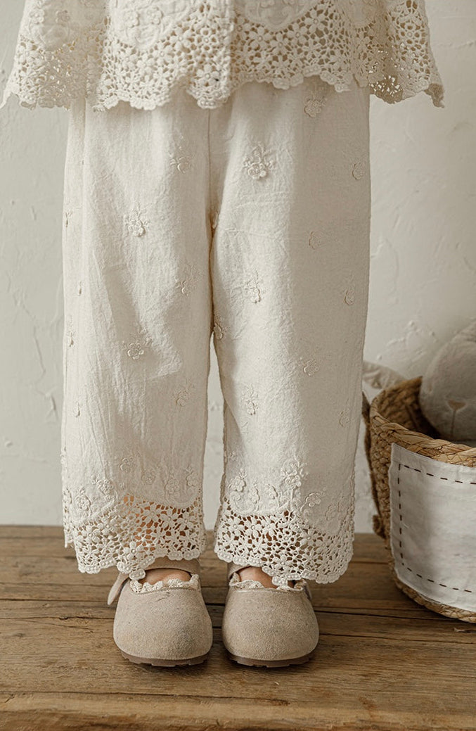 Floral Embroidered Trousers, Ivory