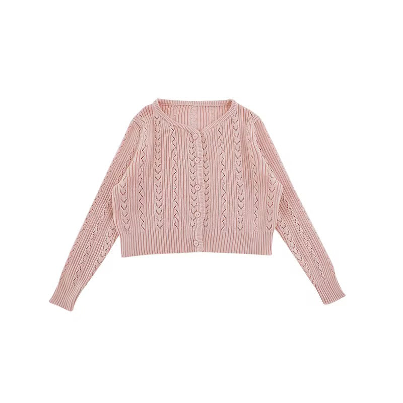 Girls cropped pointelle knit cardigan with ribbed texture in pink