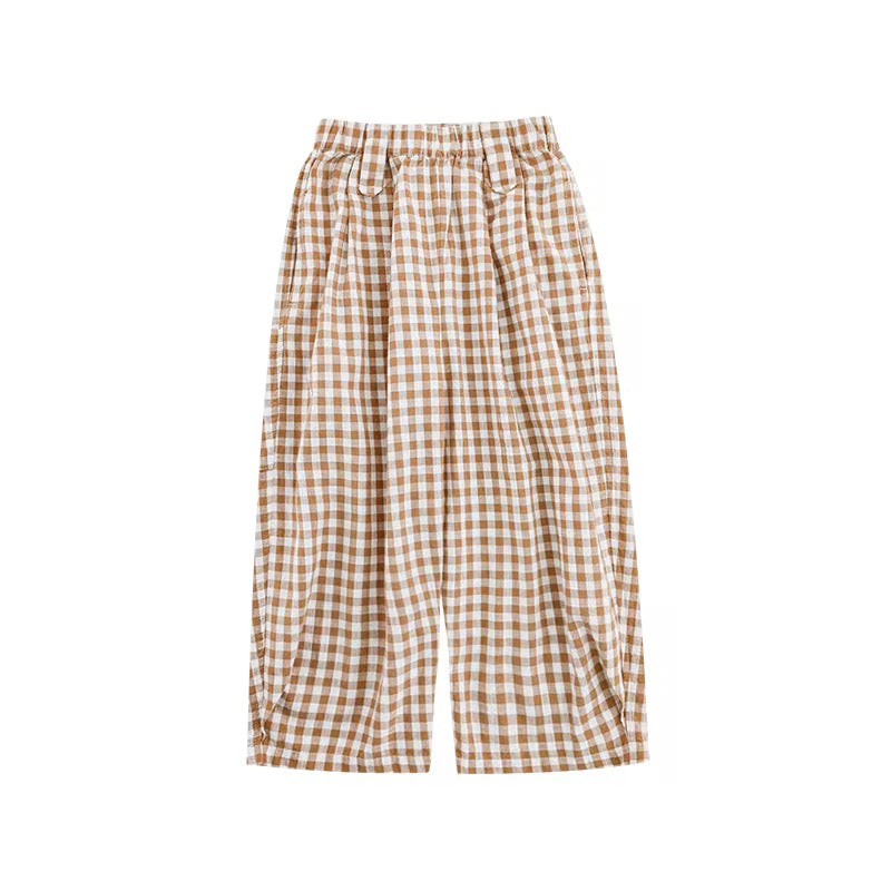 Girls’ cotton gingham trousers with pleated front by Ava & Bear London