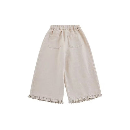 Girls linen cotton blend trousers with ruffled lace hem and front pockets