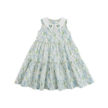 Sleeveless girls cotton dress with tulip-embroidered collar