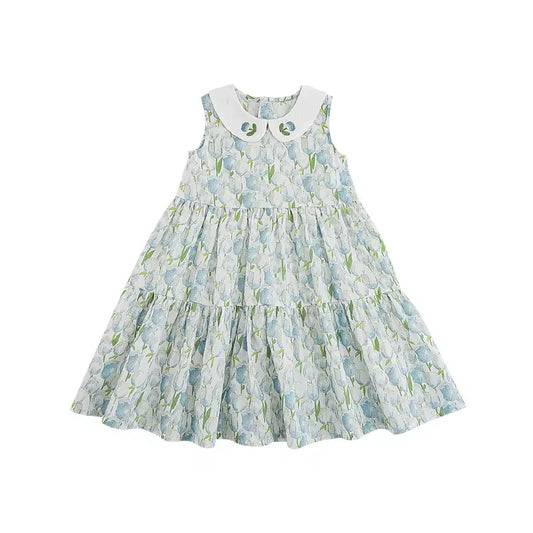 Sleeveless girls cotton dress with tulip-embroidered collar