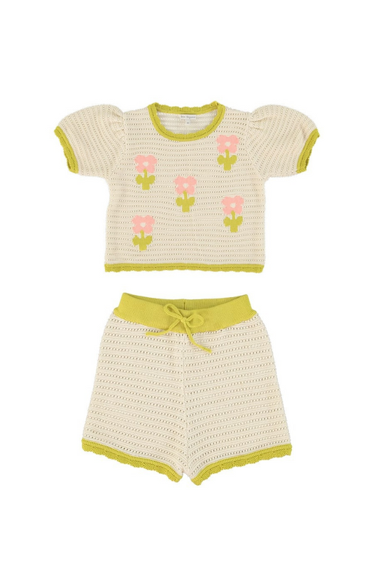 Girls Crochet Knit Top & Shorts Set, Cream & Olive