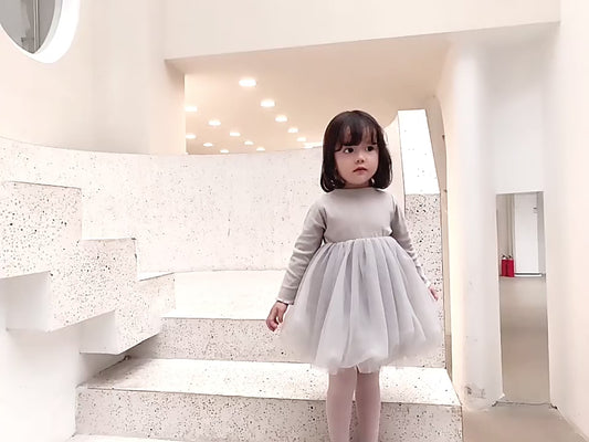 Girls Ribbed Cotton Chiffon Tulle Dress, Cloud Grey
