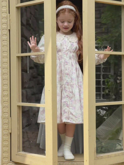 Girls Lace Collar Smocked Dress, Cream & Pastel Floral