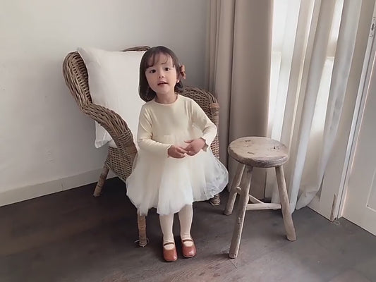 Girls Ribbed Cotton Chiffon Tulle Dress, Cream