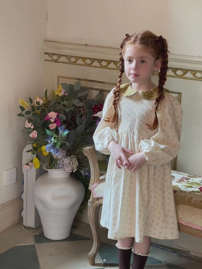 Girls Velvet Collar Smocked Dress, Cream & Olive