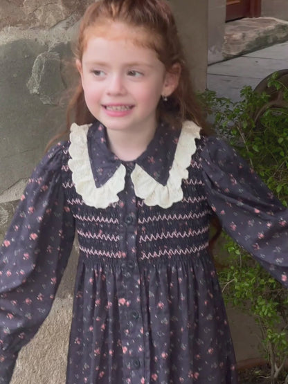 Girls Smocked Lace Detailed Dress, Navy Floral