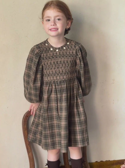 Girls Smocked Dress with Flower Crochet, Olive & Beige