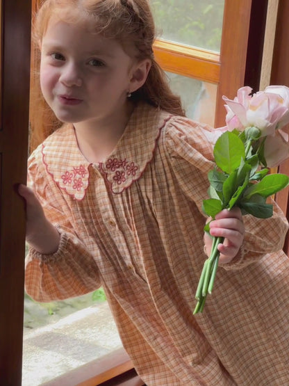 Girls Embroidered Collar Shirt Dress, Peach & Cream
