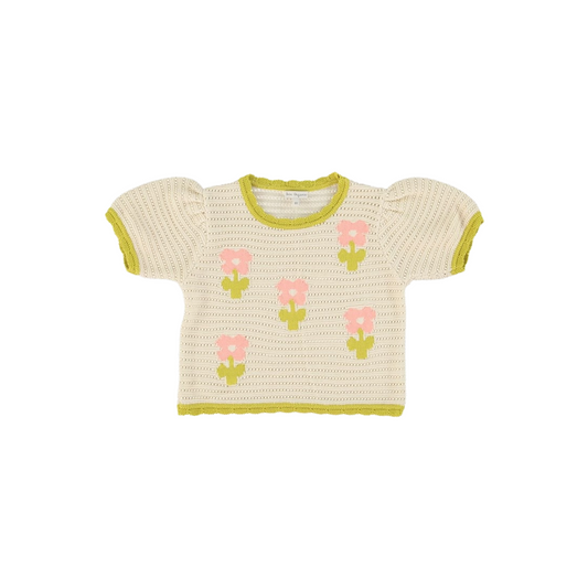 Girls Crochet Knit Summer Top, Cream & Olive